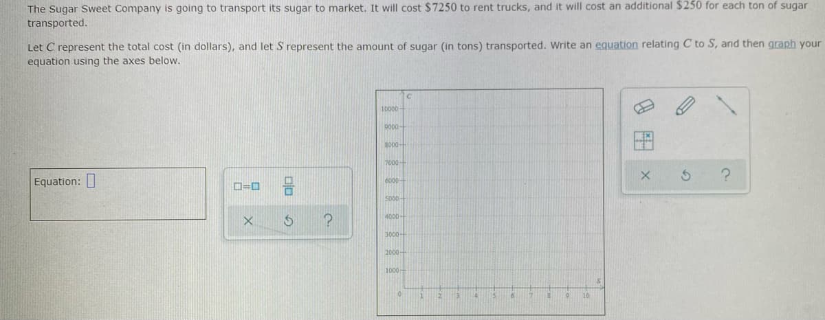 The Sugar Sweet Company is going to transport its sugar to market. It will cost $7250 to rent trucks, and it will cost an additional $250 for each ton of sugar
transported.
Let C represent the total cost (in dollars), and let S represent the amount of sugar (in tons) transported. Write an equation relating C to S, and then graph your
equation using the axes below.
10000-
9000-
8000-
7000-
Equation:
6000
D=0
5000-
(4000-
3000-
2000-
1000-
8田x
