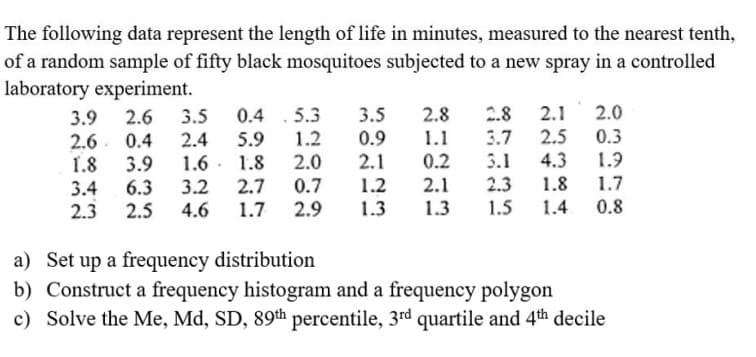 The following data represent the length of life in minutes, measured to the nearest tenth,
of a random sample of fifty black mosquitoes subjected to a new spray in a controlled
laboratory experiment.
3.9
2.6 3.5 0.4 .5.3
3.5
2.8 2.8 2.1
2.0
2.6
0.4
2.4
5.9
1.2
0.9
1.1
3.7
2.5
0.3
1.8 3.9 1.6
1.8 2.0
2.1
0.2
3.1
4.3
1.9
3.4
6.3 3.2
2.7
0.7
1.2
2.1
2.3 1.8
1.7
2.3
2.5 4.6
1.7
2.9 1.3
1.3 1.5 1.4
0.8
a) Set up a frequency distribution
b) Construct a frequency histogram and a frequency polygon
c) Solve the Me, Md, SD, 89th percentile, 3rd quartile and 4th decile