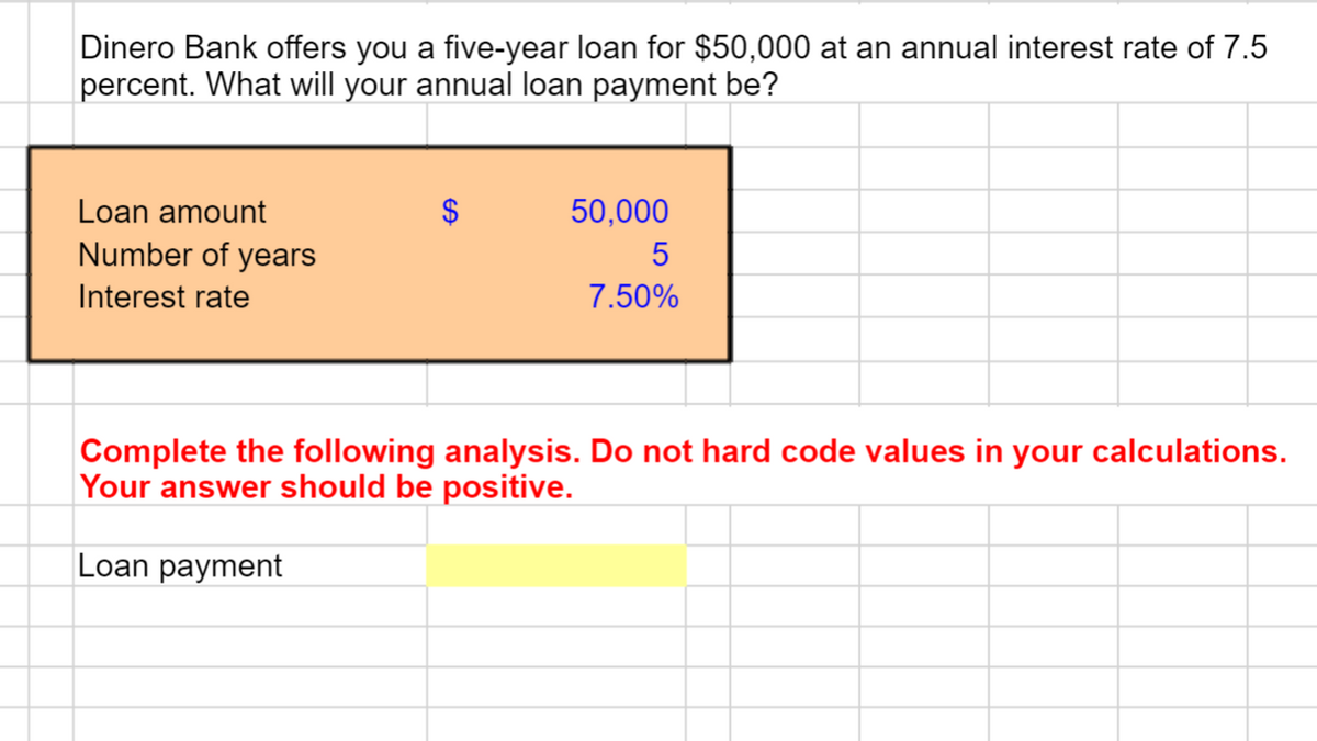 Dinero Bank offers you a five-year loan for $50,000 at an annual interest rate of 7.5
percent. What will your annual loan payment be?
Loan amount
$
50,000
Number of years
5
Interest rate
7.50%
Complete the following analysis. Do not hard code values in your calculations.
Your answer should be positive.
Loan payment
