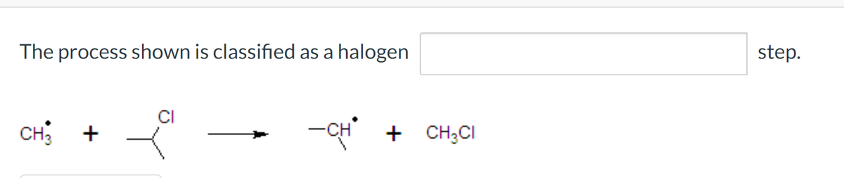 The process shown is classified as a halogen
step.
CI
CH3
-애' + CHsCI
