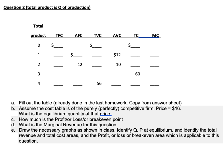 Question 2 (total product is Q of production)
Total
product
TFC
AFC
TVC
AVC
TC
MC
$.
$.
1
$_
$12
2
12
10
3
60
4
56
a. Fill out the table (already done in the last homework. Copy from answer sheet)
b. Assume the cost table is of the purely (perfectly) competitive firm. Price = $16.
What is the equilibrium quantity at that price.
c. How much is the Profit/or Loss/or breakeven point
d. What is the Marginal Revenue for this question
e. Draw the necessary graphs as shown in class. Identify Q, P at equilibrium, and identify the total
revenue and total cost areas, and the Profit, or loss or breakeven area which is applicable to this
question.
%24
