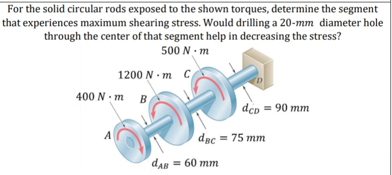 For the solid circular rods exposed to the shown torques, determine the segment
that experiences maximum shearing stress. Would drilling a 20-mm diameter hole
through the center of that segment help in decreasing the stress?
500 N · m
1200 N - m С,
D
400 N · m
B
dcD = 90 mm
A
dвс — 75 тт
dAB
60 тm
