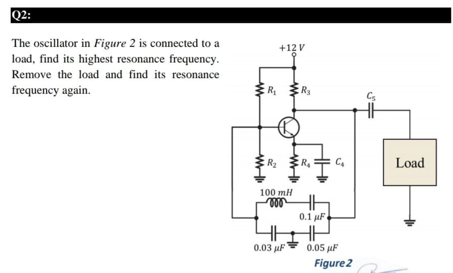 Q2:
The oscillator in Figure 2 is connected to a
load, find its highest resonance frequency.
+12 V
Remove the load and find its resonance
frequency again.
R1
R3
C5
R2
R4
C4
Load
100 mH
ll
0.1 µF
0.03 µF
0.05 µF
Figure 2
