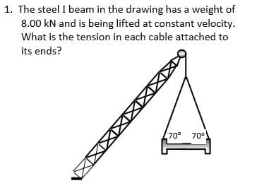 1. The steel I beam in the drawing has a weight of
8.00 kN and is being lifted at constant velocity.
What is the tension in each cable attached to
its ends?
70°
70°
