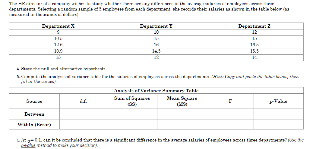 The HR director of a company wishes to study whether there are any differences in the average salaries of employees across three
departments. Selecting a random sample of 5 employees from each department, she records their salaries as shown in the table below (as
measured in thousands of dollars).
Department X
Department Y
Department Z
10
12
10.5
15
15
12.6
16
16.5
10.9
14.5
15.5
15
12
14
A. State the null and alternative hypothesis.
B. Compute the analysis of variance table for the salaries of employees across the departments. (Hint: Copy and paste the table below, then
fill in the values).
Analysis of Variance Summary Table
Sum of Squares
Mean Square
Source
d.f.
F
p-Value
(S)
(MS)
Between
Within (Error)
C. At a= 0.1, can it be concluded that there is a significant difference in the average salaries of employees across three departments? (Use the
p-value method to make your decision).
