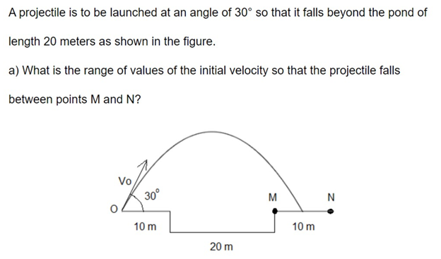 A projectile is to be launched at an angle of 30° so that it falls beyond the pond of
length 20 meters as shown in the figure.
a) What is the range of values of the initial velocity so that the projectile falls
between points M and N?
Vo
30°
M
N
10 m
10 m
20 m
