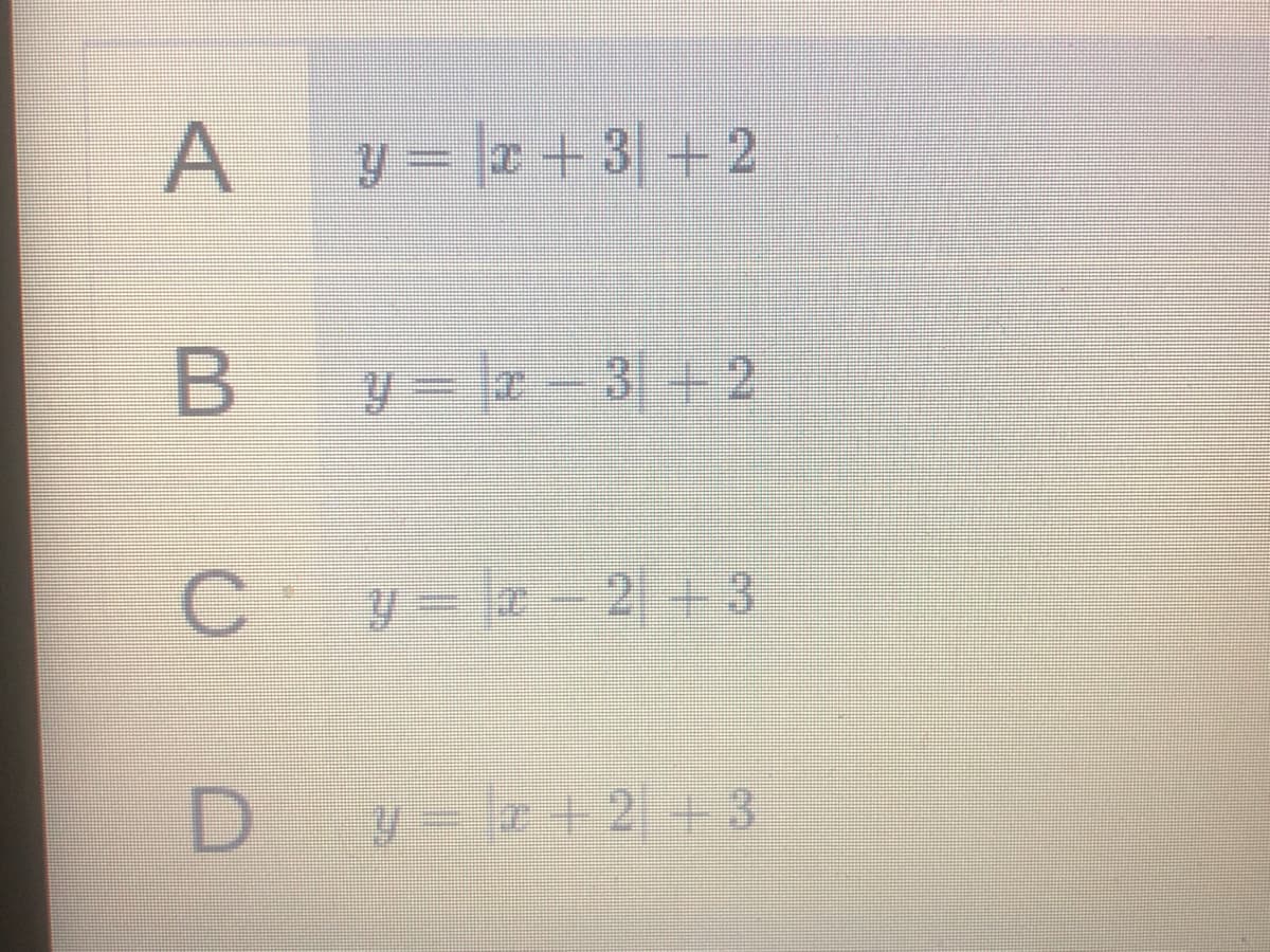 A
y = r + 3| +2
3+2
C
2+3
Dy-+2 +3
