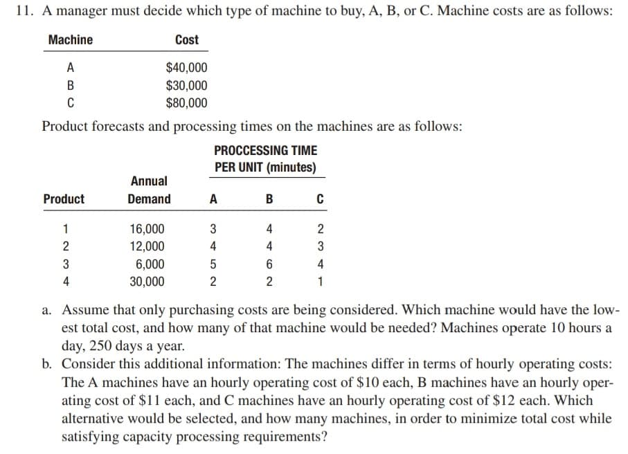 11. A manager must decide which type of machine to buy, A, B, or C. Machine costs are as follows:
Machine
A
B
C
Product forecasts and processing times on the machines are as follows:
PROCCESSING TIME
PER UNIT (minutes)
Product
1
2
3
4
Cost
$40,000
$30,000
$80,000
Annual
Demand
16,000
12,000
6,000
30,000
A
3452
2
B
4
4
6
2
C
2
3
4
1
a. Assume that only purchasing costs are being considered. Which machine would have the low-
est total cost, and how many of that machine would be needed? Machines operate 10 hours a
day, 250 days a year.
b. Consider this additional information: The machines differ in terms of hourly operating costs:
The A machines have an hourly operating cost of $10 each, B machines have an hourly oper-
ating cost of $11 each, and C machines have an hourly operating cost of $12 each. Which
alternative would be selected, and how many machines, in order to minimize total cost while
satisfying capacity processing requirements?