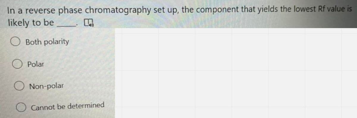 In a reverse phase chromatography set up, the component that yields the lowest Rf value is
likely to be
O Both polarity
O Polar
O Non-polar
O Cannot be determined
