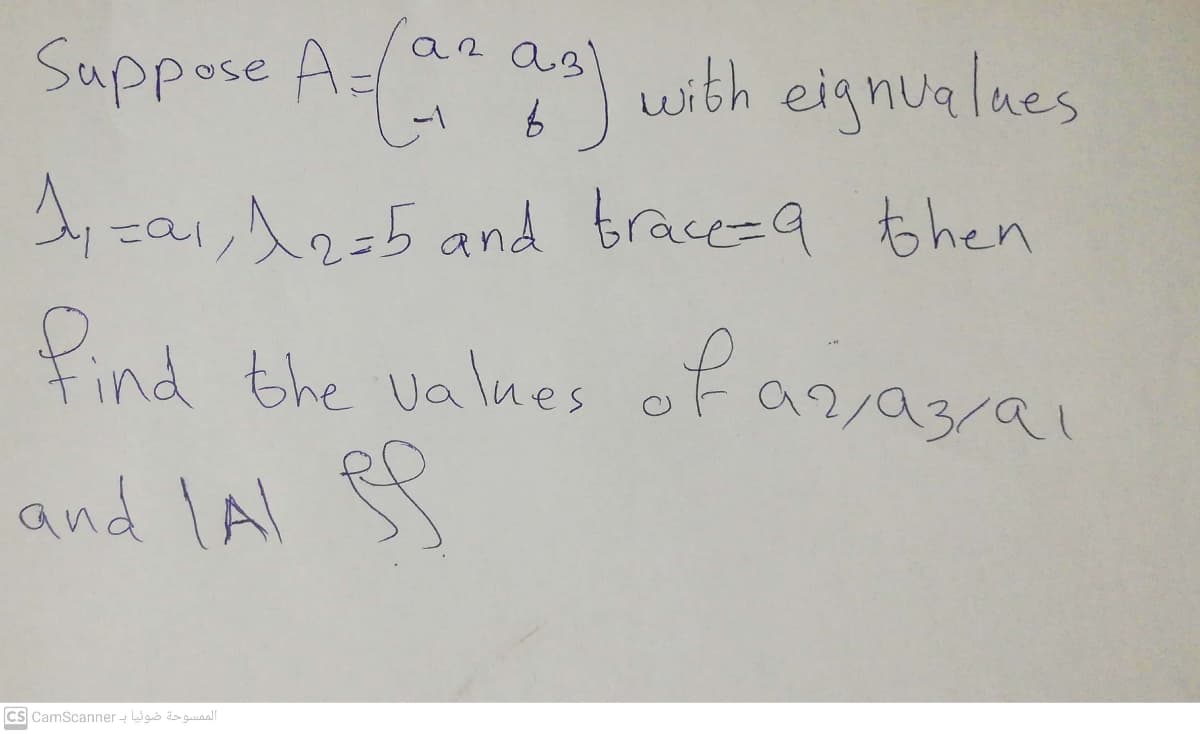 Sappose Aa
with eignualues
za1,2=5 and trace=9 then
find the values of a2ja3/a1
and LAI
Cs CamScanner - gb d>guaall
