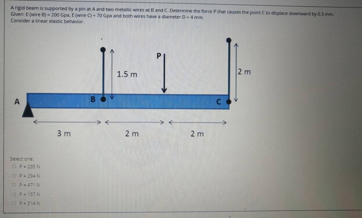 A rigid beam is supported by a pin at A and two metallic wires at B and C. Determine the force P that causes the point C to displace downward by 0.3 mm.
Given: E (wire B) = 200 Gpa, E (wire C) = 70 Gpa and both wires have a diameter D=4 mm.
Consider a linear elastic behavior.
2 m
1.5 m
3 m
2 m
2 m
Select one:
O P= 235 N
OP= 294 N
O P= 471 N
P=157 N
