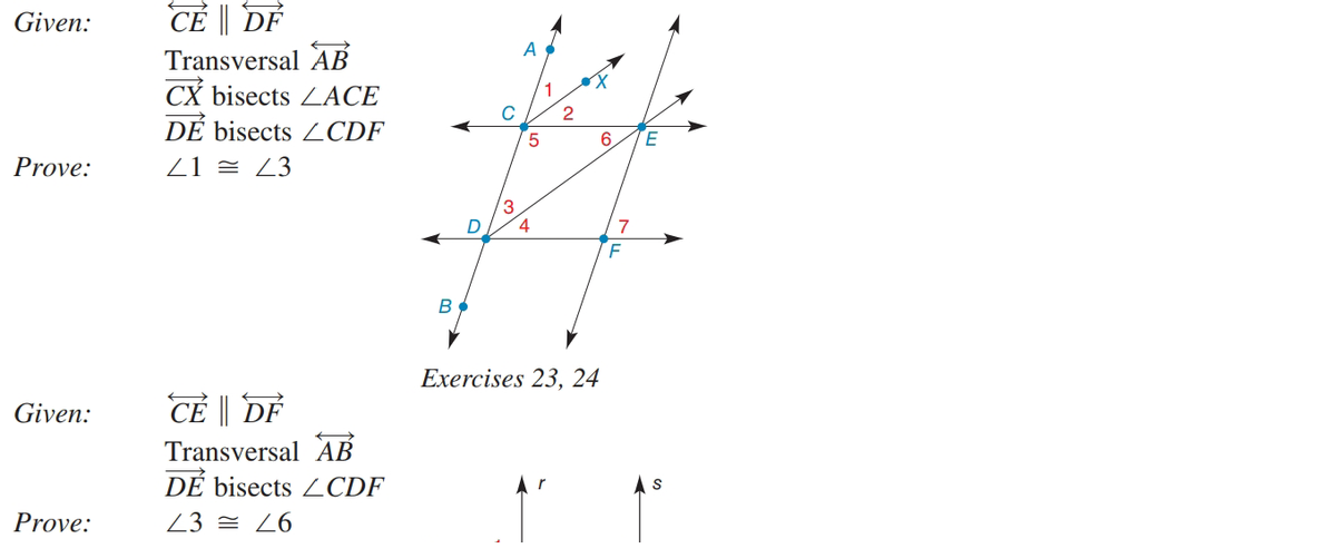 Given:
CE || DF
А
Transversal AB
CX bisects ZACE
DÉ bisects ZCDF
2
6.
E
Prove:
Z1 = Z3
3
4
7
F
B
Exercises 23, 24
Given:
CE || DF
Transversal AB
DÉ bisects CDF
Prove:
Z3 = 26
