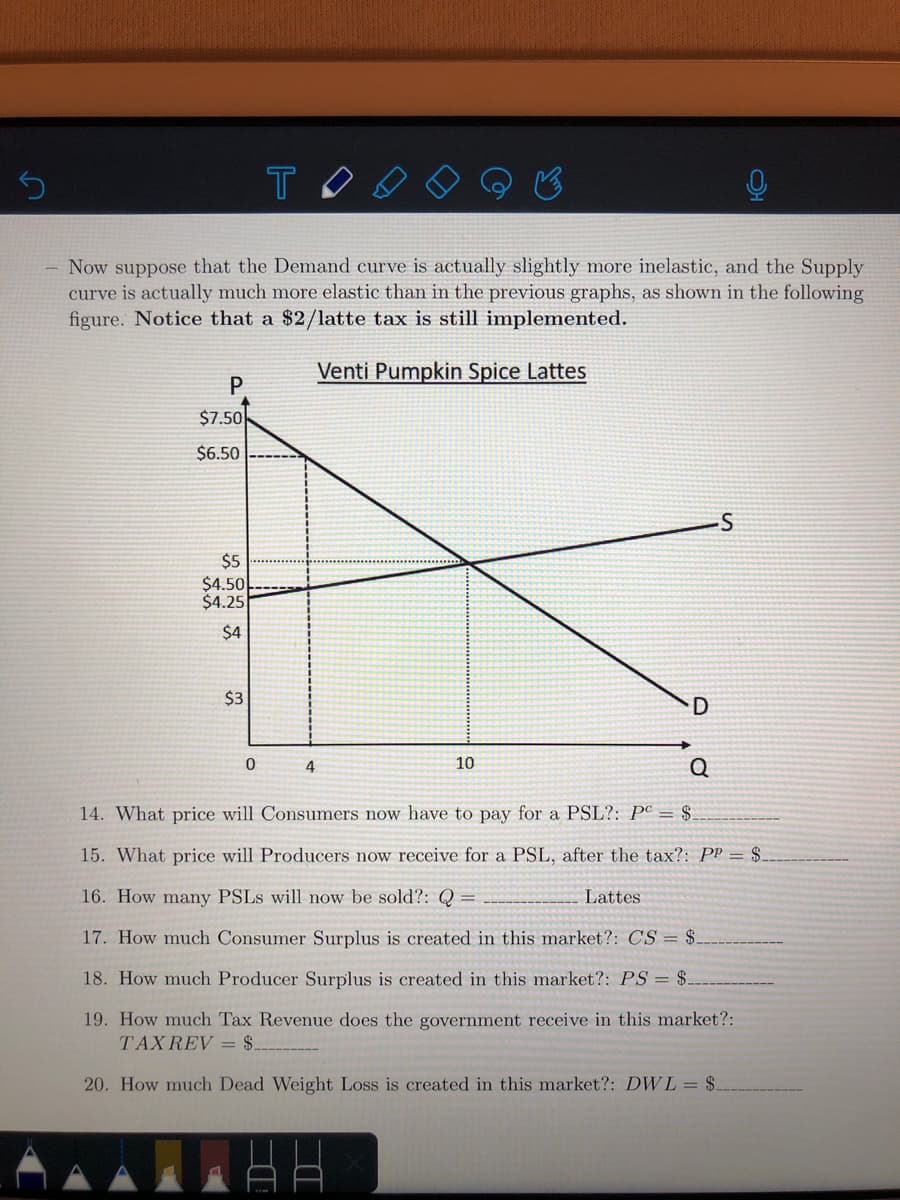 TO
- Now suppose that the Demand curve is actually slightly more inelastic, and the Supply
curve is actually much more elastic than in the previous graphs, as shown in the following
figure. Notice that a $2/latte tax is still implemented.
Venti Pumpkin Spice Lattes
P
$7.50
$6.50
in
$5
$4.50
$4.25
$4
$3
4
10
14. What price will Consumers now have to pay for a PSL?: Pº = $
15. What price will Producers now receive for a PSL, after the tax?: PP = $-
16. How many PSLS will now be sold?: Q
Lattes
17. How much Consumer Surplus is created in this market?: CS = $-
18. How much Producer Surplus is created in this market?: PS = $-
19. How much Tax Revenue does the government receive in this market?:
TAXREV = $.
20. How much Dead Weight Loss is created in this market?: DWL= $.
