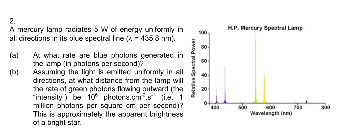 2
A mercury lamp radiates 5 W of energy uniformly in
all directions in its blue spectral line (λ 435.8 nm)
H.P. Mercury Spectral Lamp
100
80
60
(a)
At what rate are blue photons generated in
the lamp (in photons per second)?
(b) Assuming the light is emitted uniformly in al40
directions, at what distance from the lamp will
the rate of green photons flowing outward (the20
"intensity") be 10% photons.cm-2.s-1 (î.e. 1
million photons per square cm per second)?
This is approximately the apparent brightness
of a bright star.
800
600
Wavelength (nm)
400
500
700
