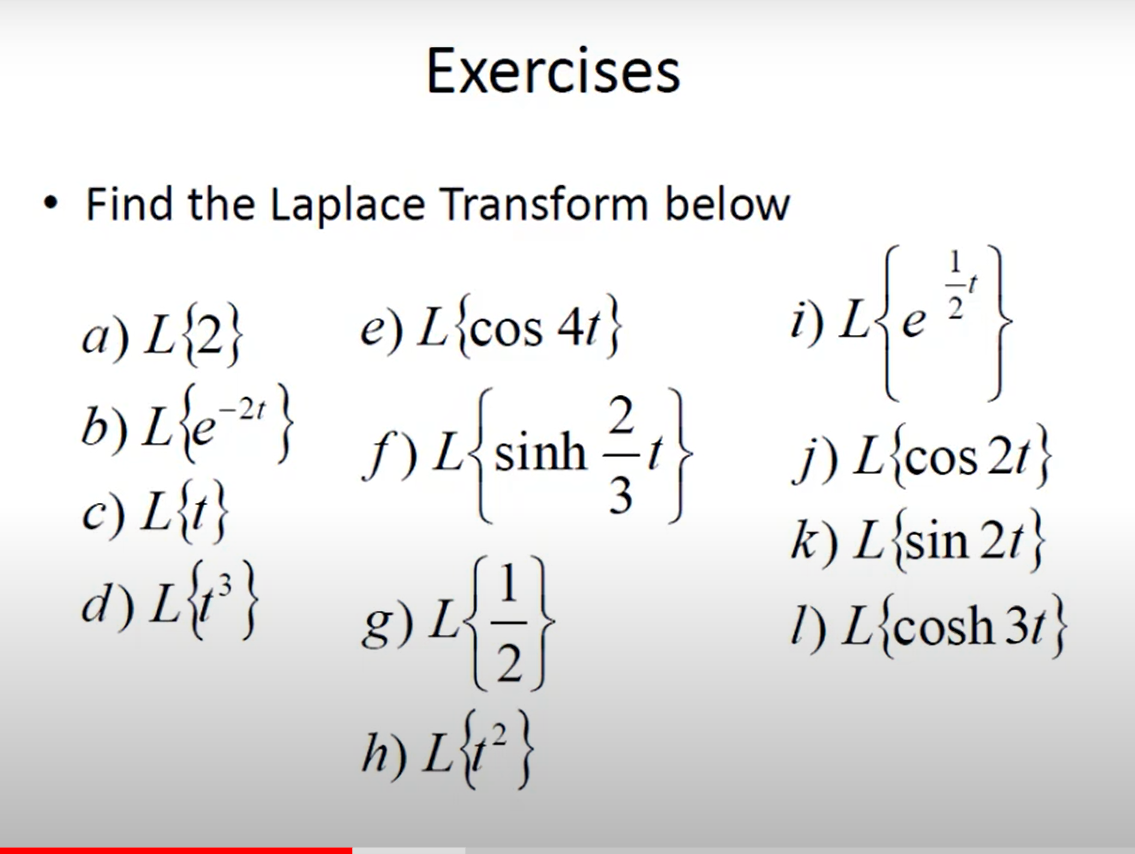 Exercises
• Find the Laplace Transform below
e) L{cos 41}
a) L{2}
b) L{e} nL{sinh? DL{cos 21}
c) L{t}
2,1
f) L{sinh
3
k) L{sin 21}
I) L{cosh 31}
{}7 (P
g) L
h) L& }
