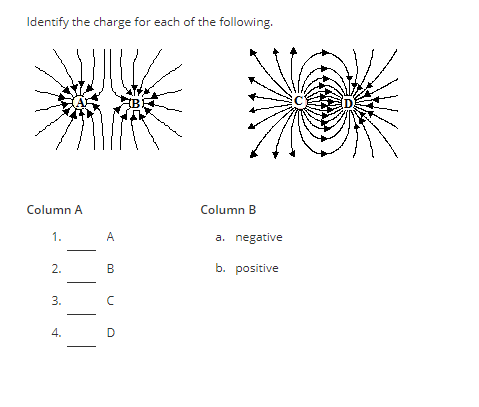 Identify the charge for each of the following.
Column A
1.
2.
3.
4.
A
B
с
D
Column B
a. negative
b. positive
D