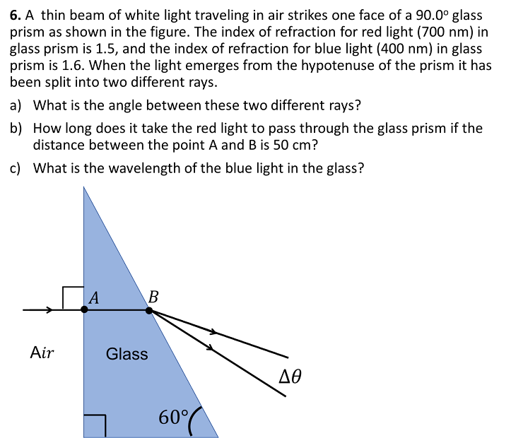 6. A thin beam of white light traveling in air strikes one face of a 90.0° glass
prism as shown in the figure. The index of refraction for red light (700 nm) in
glass prism is 1.5, and the index of refraction for blue light (400 nm) in glass
prism is 1.6. When the light emerges from the hypotenuse of the prism it has
been split into two different rays.
a) What is the angle between these two different rays?
b) How long does it take the red light to pass through the glass prism if the
distance between the point A and B is 50 cm?
c) What is the wavelength of the blue light in the glass?
B
Air
Glass
AO
60°

