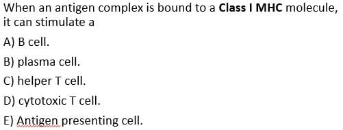 When an antigen complex is bound to a Class I MHC molecule,
it can stimulate a
A) B cell.
B) plasma cell.
C) helper T cell.
D) cytotoxic T cell.
E) Antigen presenting cell.
