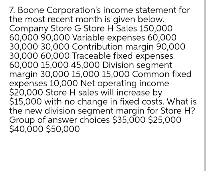 7. Boone Corporation's income statement for
the most recent month is given below.
Company Store G Store H Sales 150,000
60,000 90,000 Variable expenses 60,000
30,000 30,000 Contribution margin 90,000
30,000 60,000 Traceable fixed expenses
60,000 15,000 45,000 Division segment
margin 30,000 15,000 15,000 Common fixed
expenses 10,000 Net operating income
$20,000 Store H sales will increase by
$15,000 with no change in fixed costs. What is
the new division segment margin for Store H?
Group of answer choices $35,000 $25,000
$40,000 $50,000
