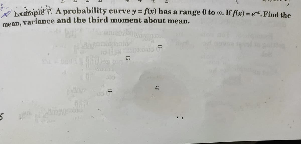 bxainipte . A probability curve y = f(x) has a range 0 to o. If f(x) = e. Find the
mean, variance and the third moment about mean.
