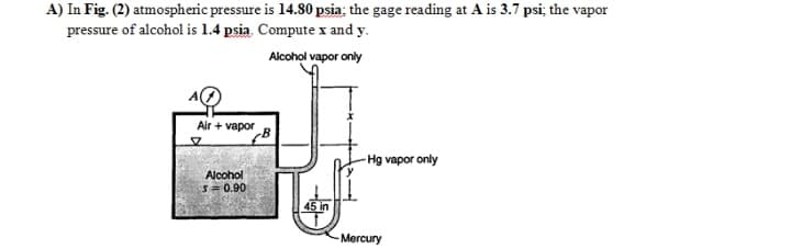 A) In Fig. (2) atmospheric pressure is 14.80 psia; the gage reading at A is 3.7 psi; the vapor
pressure of alcohol is 1.4 psia. Compute x and y.
Alcohol vapor only
Air + vapor
-Hg vapor only
Alcohol
s= 0.90
45 in
Mercury
