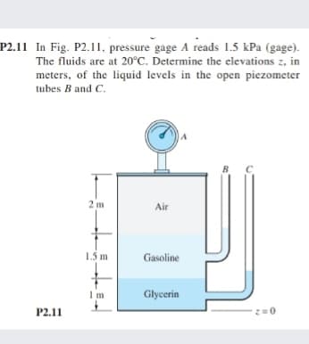 P2.11 In Fig. P2.11, pressure gage A reads 1.5 kPa (gage).
The fluids are at 20°C. Determine the elevations z, in
meters, of the liquid levels in the open piezometer
tubes B and C.
B.
2 m
Air
1.5 m
Gasoline
Im
Glycerin
P2.11
