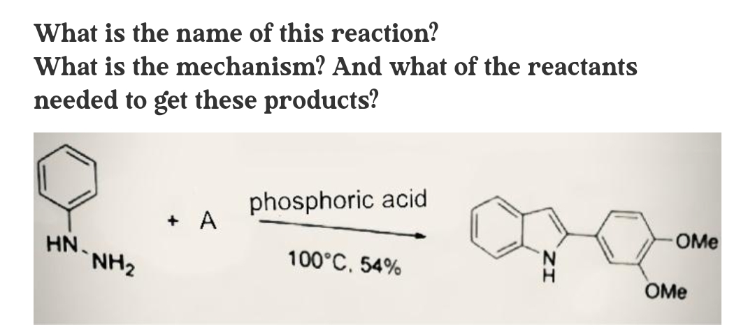 What is the name of this reaction?
What is the mechanism? And what of the reactants
needed to get these products?
phosphoric acid
+ A
OMe
HN.
`NH2
100°C. 54%
OMe
