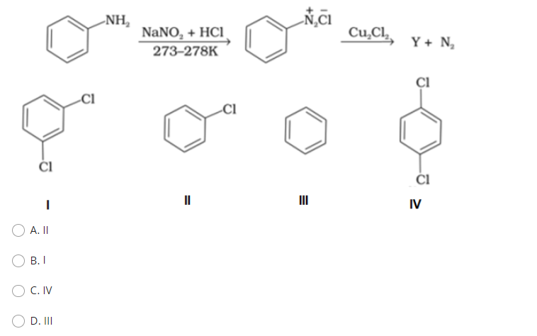 Cl
I
A. II
B.I
C. IV
D. III
-NH₂
NaNO₂ + HC1
273-278K
Cl
NCI
=
Cu₂Cl₂, Y + N₂
CI
IV