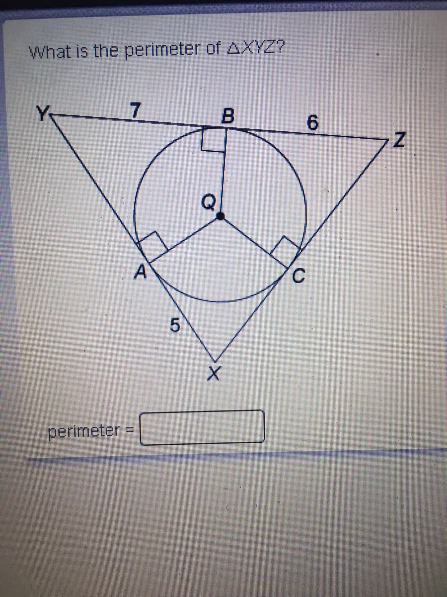 What is the perimeter of AXYZ?
7.
Q
A
%3D
perimeter =
5.
