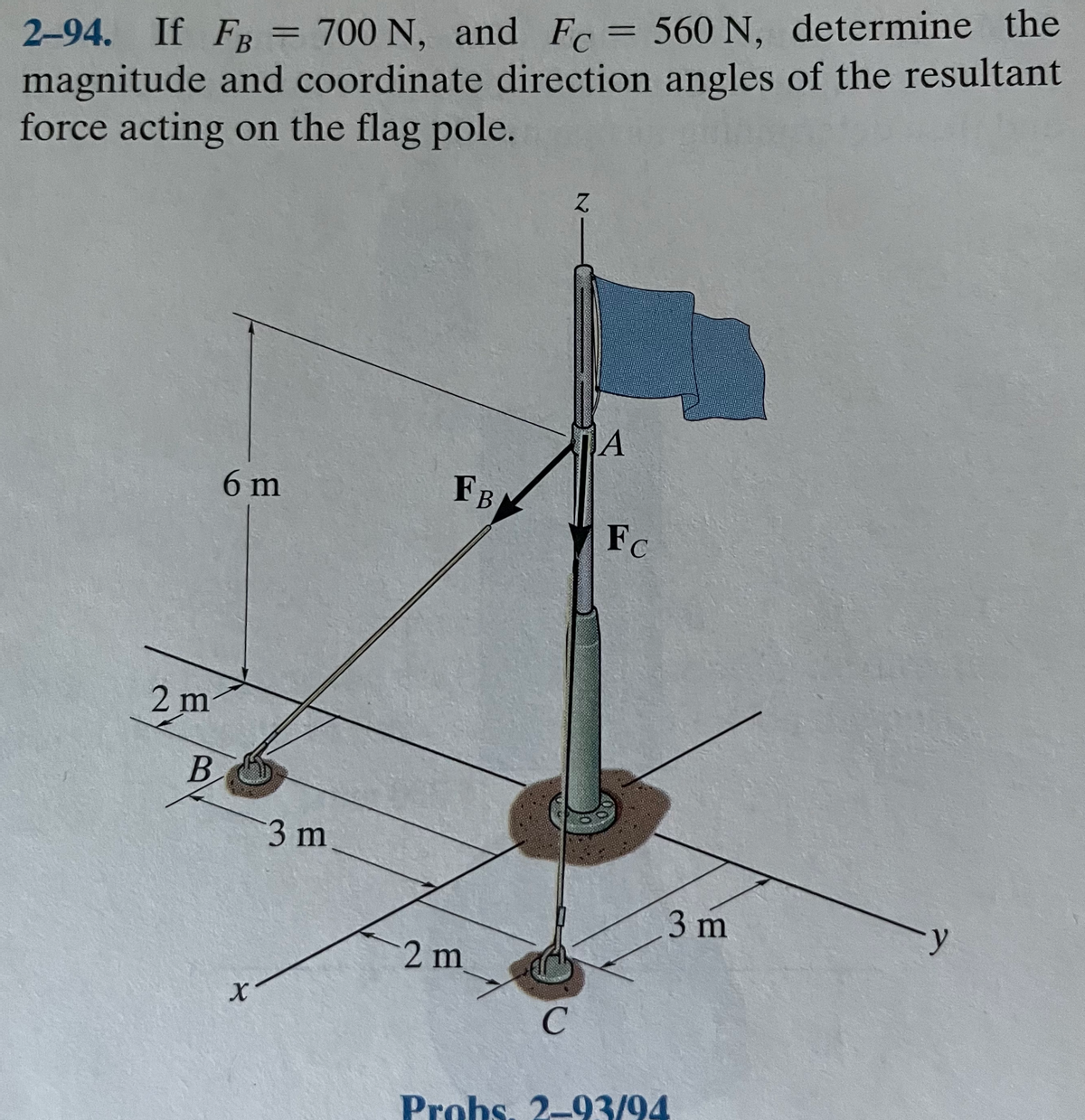 2-94. If FB = 700 N, and Fc= 560 N, determine the
magnitude and coordinate direction angles of the resultant
force acting on the flag pole.
%3D
%D
A
6 m
FBM
Fc
2 m
B
3 m
3 m
2 m
Prohs. 2-93/94
