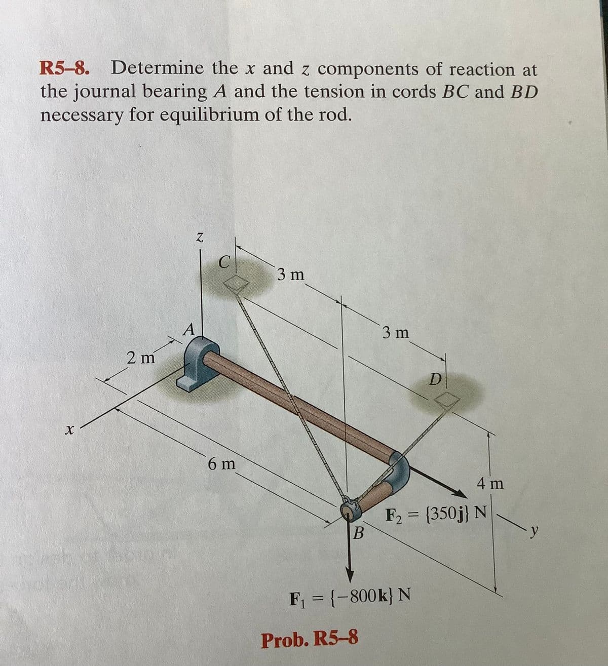 R5-8. Determine the x and z components of reaction at
the journal bearing A and the tension in cords BC and BD
necessary for equilibrium of the rod.
C
3 m
3 m
2 m
D
6 m
4 m
F, = {350j} N
%3D
F = {-800k} N
%3D
Prob. R5-8
