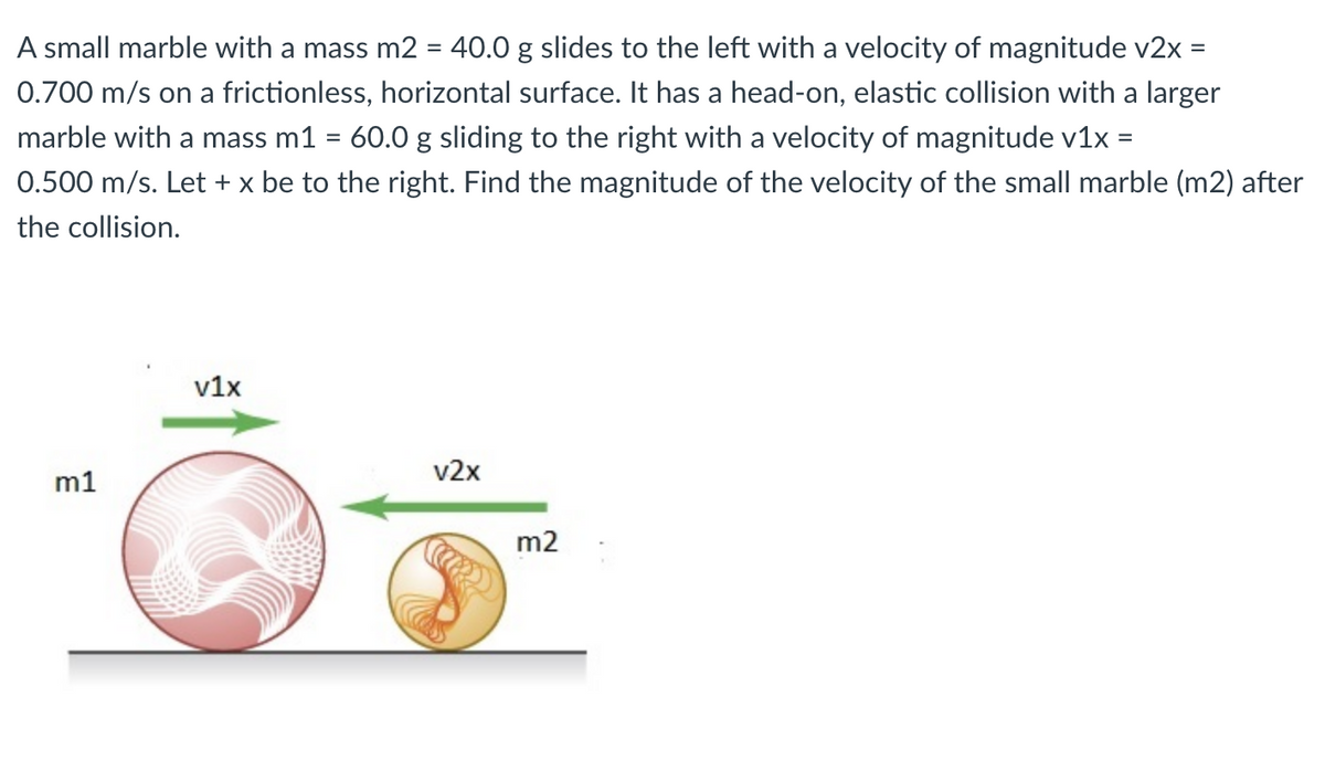 A small marble with a mass m2 = 40.0 g slides to the left with a velocity of magnitude v2x =
0.700 m/s on a frictionless, horizontal surface. It has a head-on, elastic collision with a larger
marble with a mass m1 = 60.0 g sliding to the right with a velocity of magnitude v1x =
%3D
0.500 m/s. Let + x be to the right. Find the magnitude of the velocity of the small marble (m2) after
the collision.
v1x
v2x
m1
m2
