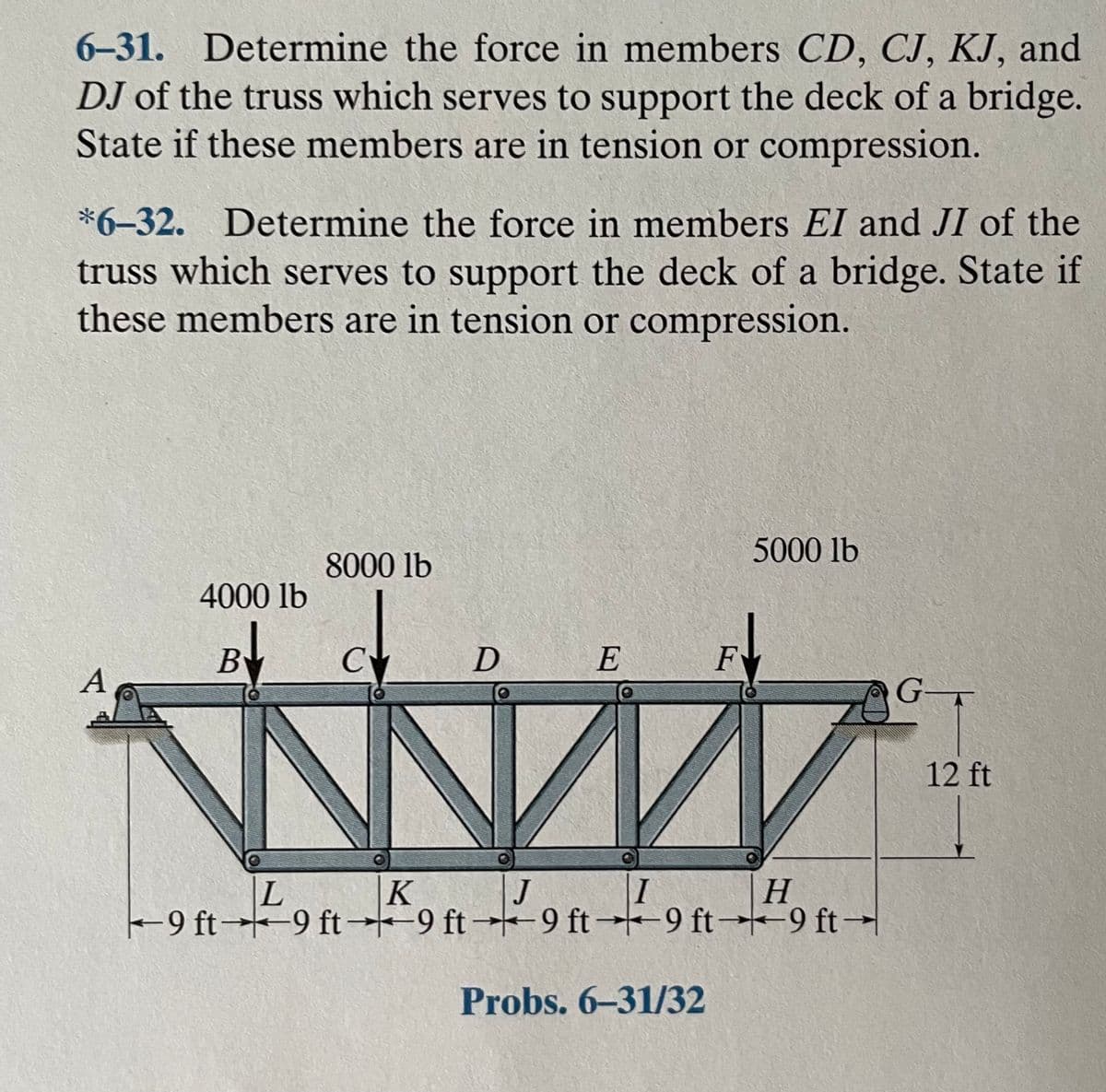 6-31. Determine the force in members CD, CJ, KJ, and
DJ of the truss which serves to support the deck of a bridge.
State if these members are in tension or compression.
*6-32. Determine the force in members El and JI of the
truss which serves to support the deck of a bridge. State if
these members are in tension or compression.
5000 lb
8000 lb
4000 lb
B
y
C
E
F
A
G
12 ft
|H
J
9 ft→9 ft 9 ft→-9 ft 9 ft→9 ft
K
I
Probs. 6–31/32
