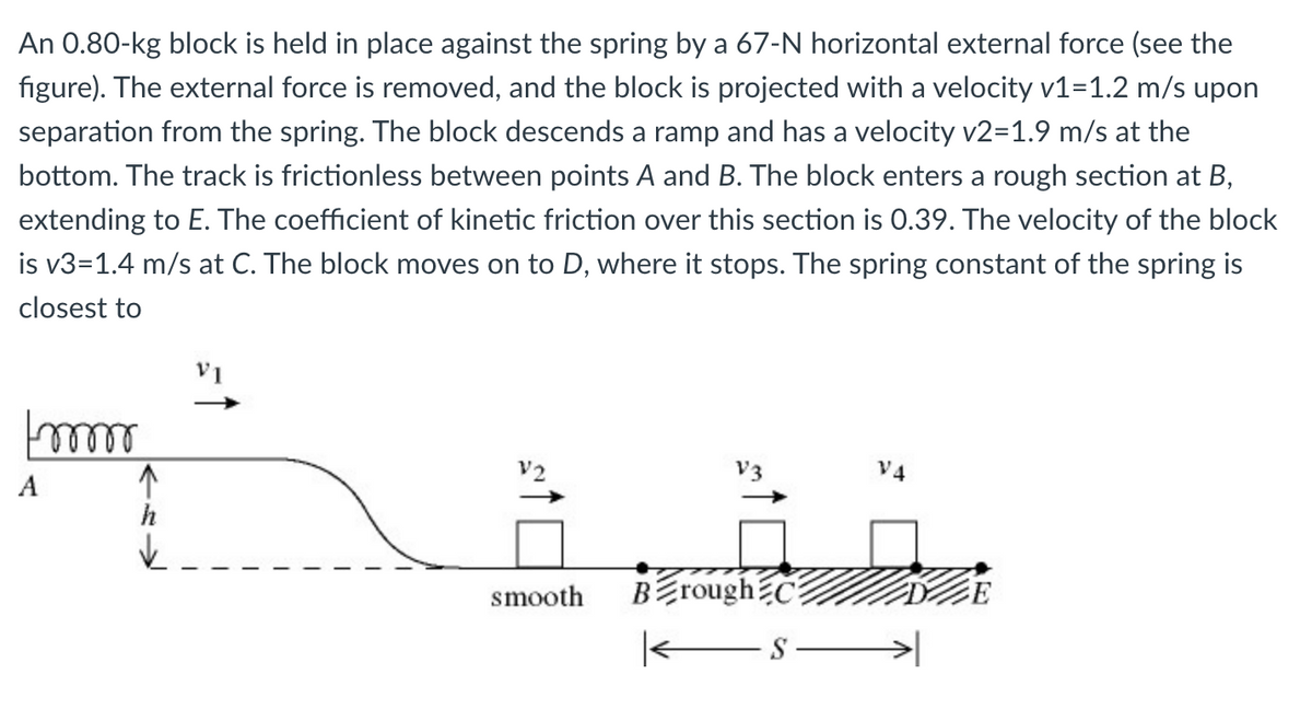 An 0.80-kg block is held in place against the spring by a 67-N horizontal external force (see the
figure). The external force is removed, and the block is projected with a velocity v1=1.2 m/s upon
separation from the spring. The block descends a ramp and has a velocity v2=1.9 m/s at the
bottom. The track is frictionless between points A and B. The block enters a rough section at B,
extending to E. The coefficient of kinetic friction over this section is 0.39. The velocity of the block
is v3=1.4 m/s at C. The block moves on to D, where it stops. The spring constant of the spring is
closest to
V2
V3
V4
A
h
smooth
BErough C
| ES >|
