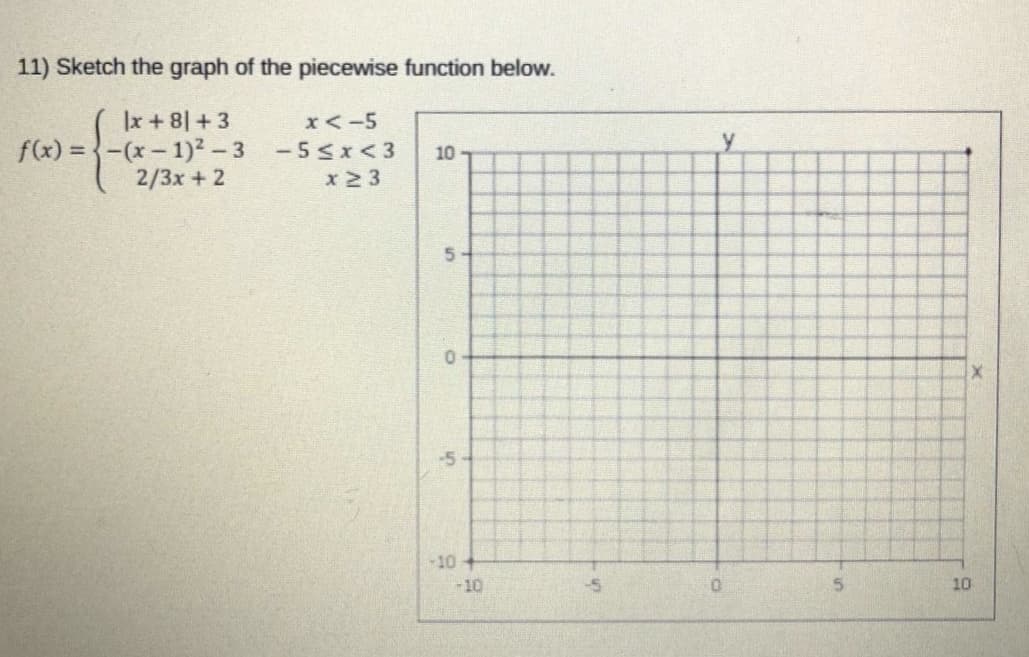 11) Sketch the graph of the piecewise function below.
|x + 8| + 3
f(x) = -(x-1)² -3 -5sx< 3
2/3x + 2
x<-5
10
x 2 3
5-
-5
-10
-10
10
