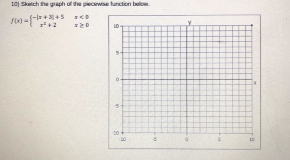 10) Sketch the graph of the piecewise function below.
(-x+31+5
x2 + 2
f(x) =
x20
10
