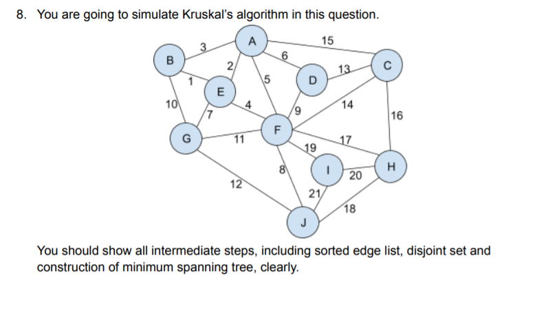 8. You are going to simulate Kruskal's algorithm in this question.
15
3.
B
2/
5
13
E
10
7
14
4
6/
16
F
G
11
17
19
H
20
12
21/
18
J
You should show all intermediate steps, including sorted edge list, disjoint set and
construction of minimum spanning tree, clearly.
