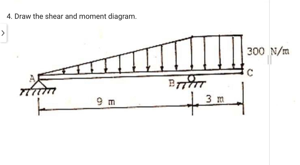 4. Draw the shear and moment diagram.
>
300 N/m
B
9 m
3 m
