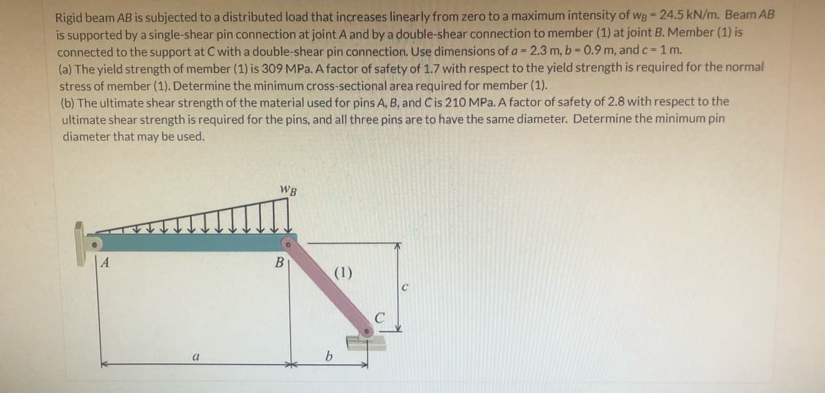 Rigid beam AB is subjected to a distributed load that increases linearly from zero to a maximum intensity of wB = 24.5 kN/m. Beam AB
is supported by a single-shear pin connection at joint A and by a double-shear connection to member (1) at joint B. Member (1) is
connected to the support at C with a double-shear pin connection. Use dimensions of a = 2.3 m, b 0.9 m, and c = 1 m.
(a) The yield strength of member (1) is 309 MPa. A factor of safety of 1.7 with respect to the yield strength is required for the normal
stress of member (1). Determine the minimum cross-sectional area required for member (1).
(b) The ultimate shear strength of the material used for pins A, B, and Cis 210 MPa. A factor of safety of 2.8 with respect to the
ultimate shear strength is required for the pins, and all three pins are to have the same diameter. Determine the minimum pin
diameter that may be used.
WB
(1)
a
