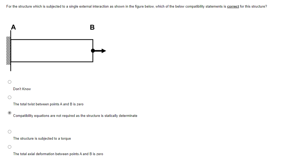 For the structure which is subjected to a single external interaction as shown in the figure below, which of the below compatibility statements is correct for this structure?
O
O
O
Don't Know
The total twist between points A and B is zero
B
Compatibility equations are not required as the structure is statically determinate
The structure is subjected to a torque
The total axial deformation between points A and B is zero