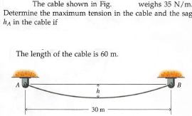 The cable shown in Fig.
weighs 35 N/m.
Determine the maximum tension in the cable and the sag
ha in the cable if
The length of the cable is 60 m.
B
30 m
