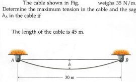 The cable shown in Fig.
weighs 35 N/m.
Determine the maximum tension in the cable and the sag
ha in the cable if
The length of the cable is 45 m.
B
30 m
