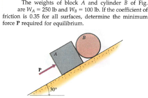 The weights of block A and cylinder B of Fig.
are WA = 250 lb and Wg = 100 lb. If the coefficient of
friction is 0.35 for all surfaces, determine the minimum
force P required for equilibrium.
B
30
