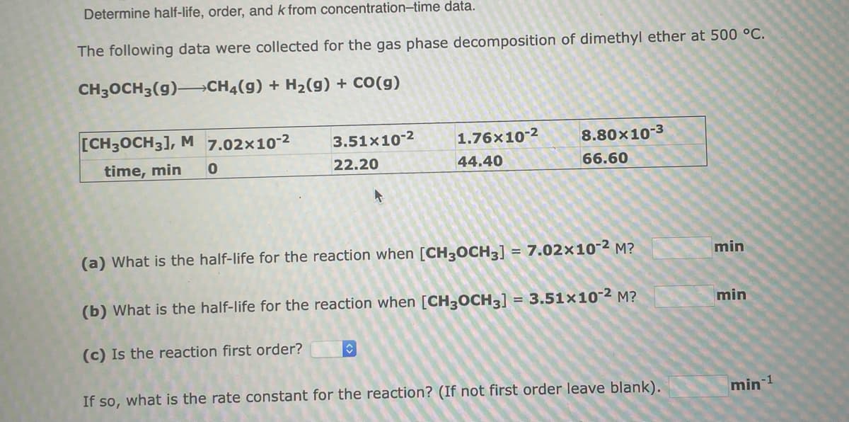 Determine half-life, order, and k from concentration-time data.
The following data were collected for the gas phase decomposition of dimethyl ether at 500 °C.
CH3OCH3(g)-CH₂(g) + H₂(g) + CO(g)
[CH3OCH 3], M 7.02x10-²
time, min
0
3.51x10-2
22.20
K
1.76x10-²
44.40
8.80×10-3
66.60
(a) What is the half-life for the reaction when [CH3OCH3] = 7.02x10-² M?
(b) What is the half-life for the reaction when [CH3OCH3] = 3.51x10-² M?
(c) Is the reaction first order?
If so, what is the rate constant for the reaction? (If not first order leave blank).
min
min
min-1