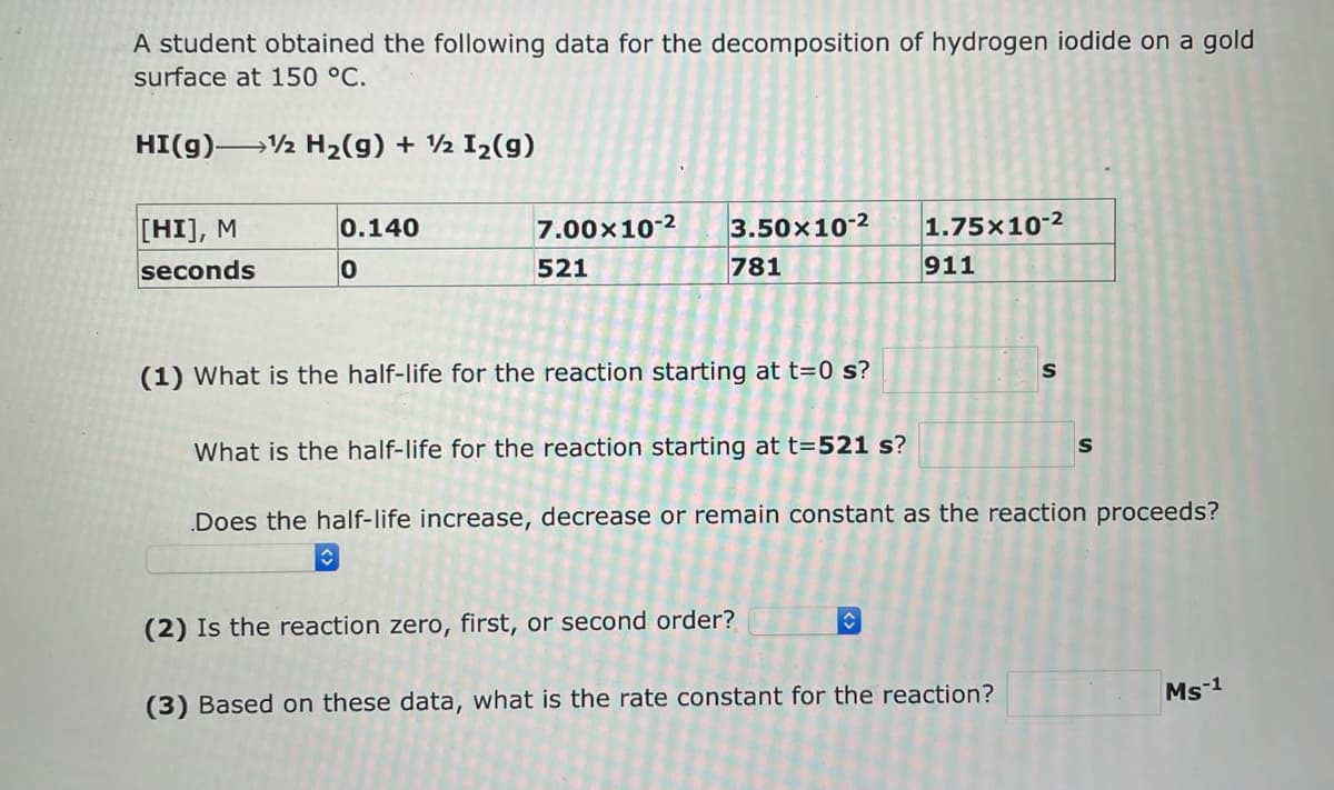 A student obtained the following data for the decomposition of hydrogen iodide on a gold
surface at 150 °C.
HI(g) 12 H₂(g) + ½ I₂(g)
[HI], M
seconds
0.140
♥
0
7.00×10-²
521
3.50×10-2
781
1.75×10-2
(1) What is the half-life for the reaction starting at t=0 s?
What is the half-life for the reaction starting at t=521 s?
Does the half-life increase, decrease or remain nstant as the reaction proceeds?
(2) Is the reaction zero, first, or second order?
911
S
(3) Based on these data, what is the rate constant for the reaction?
S
Ms-1