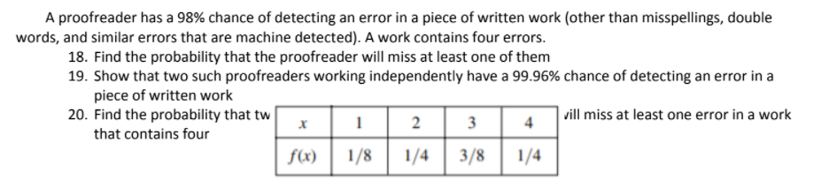 A proofreader has a 98% chance of detecting an error in a piece of written work (other than misspellings, double
words, and similar errors that are machine detected). A work contains four errors.
18. Find the probability that the proofreader will miss at least one of them
19. Show that two such proofreaders working independently have a 99.96% chance of detecting an error in a
piece of written work
20. Find the probability that tw
vill miss at least one error in a work
3
4
that contains four
f(x)
1/8
1/4
3/8
1/4
