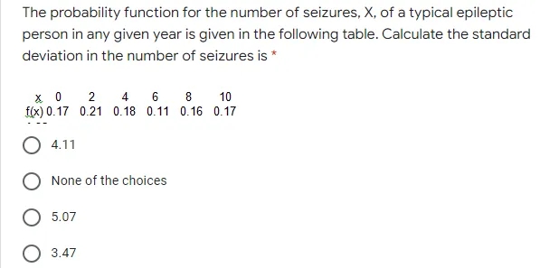 The probability function for the number of seizures, X, of a typical epileptic
person in any given year is given in the following table. Calculate the standard
deviation in the number of seizures is
x 0 2 4 6
f(x) 0.17 0.21 0.18 0.11 0.16 0.17
8
10
4.11
None of the choices
5.07
О 347
