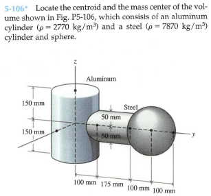 5-106 Locate the centroid and the mass center of the vol-
ume shown in Fig. P5-106, which consists of an aluminum
cylinder (p = 2770 kg/m) and a steel (p = 7870 kg/m³)
cylinder and sphere.
Aluminum
150 mm
Steel
50 mm
150 mm
50 mm
100 mm 175 mm 100 mm 100 mm
