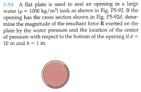 5-94 A flat plate is used to seal an opening in a large
water (p = 1000 kg/m) tank as shown in Fig. P5-92. If the
opening has the cross section shown in Fig. P5-924, deter-
mine the magnitude of the resultant force R exerted on the
plate by the water pressure and the location of the center
of pressure with respect to the bottom of the opening if d =
10 m and h=1 m.
