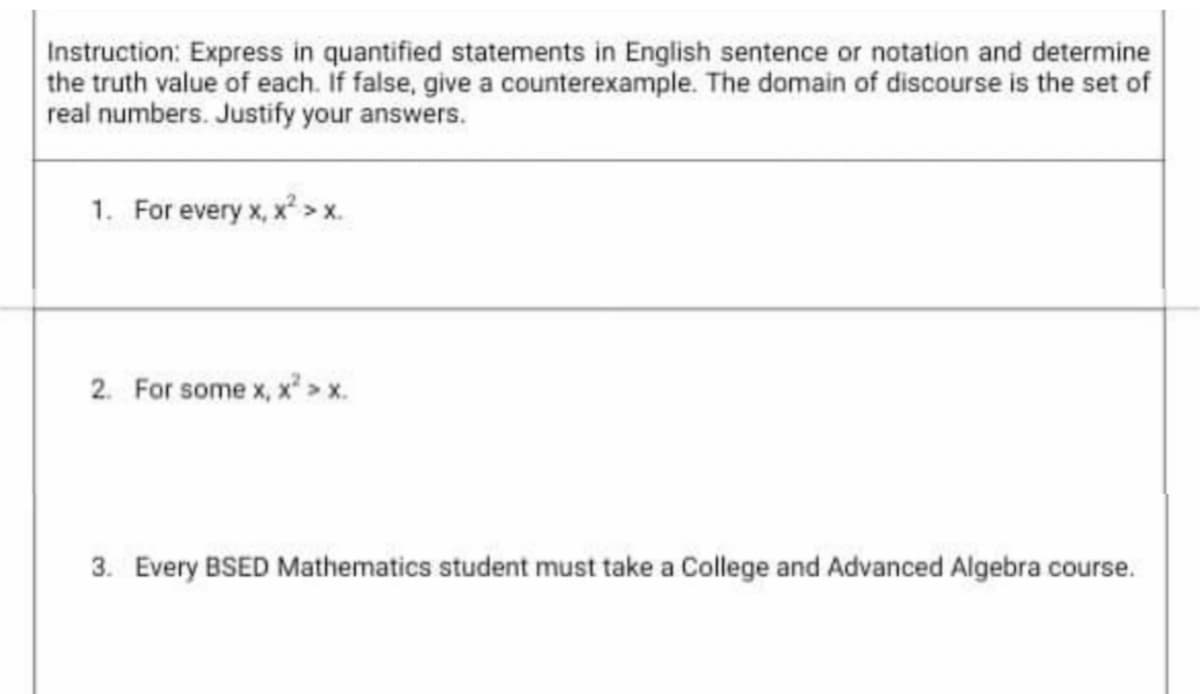 Instruction: Express in quantified statements in English sentence or notation and determine
the truth value of each. If false, give a counterexample. The domain of discourse is the set of
real numbers. Justify your answers.
1. For every x, x > x.
2. For some x, x > x.
3. Every BSED Mathematics student must take a College and Advanced Algebra course.
